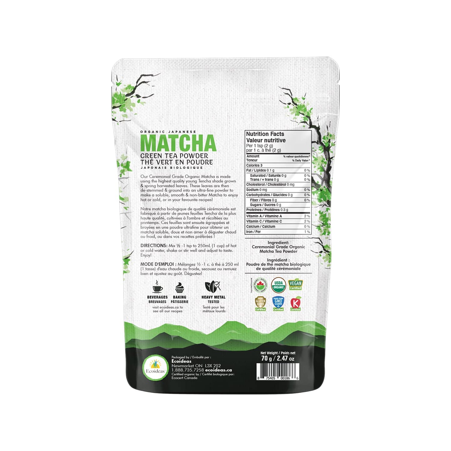 Ecoideas Organic Ceremonial Grade Matcha Green Tea Powder – 70g – Natural Energy & Antioxidants