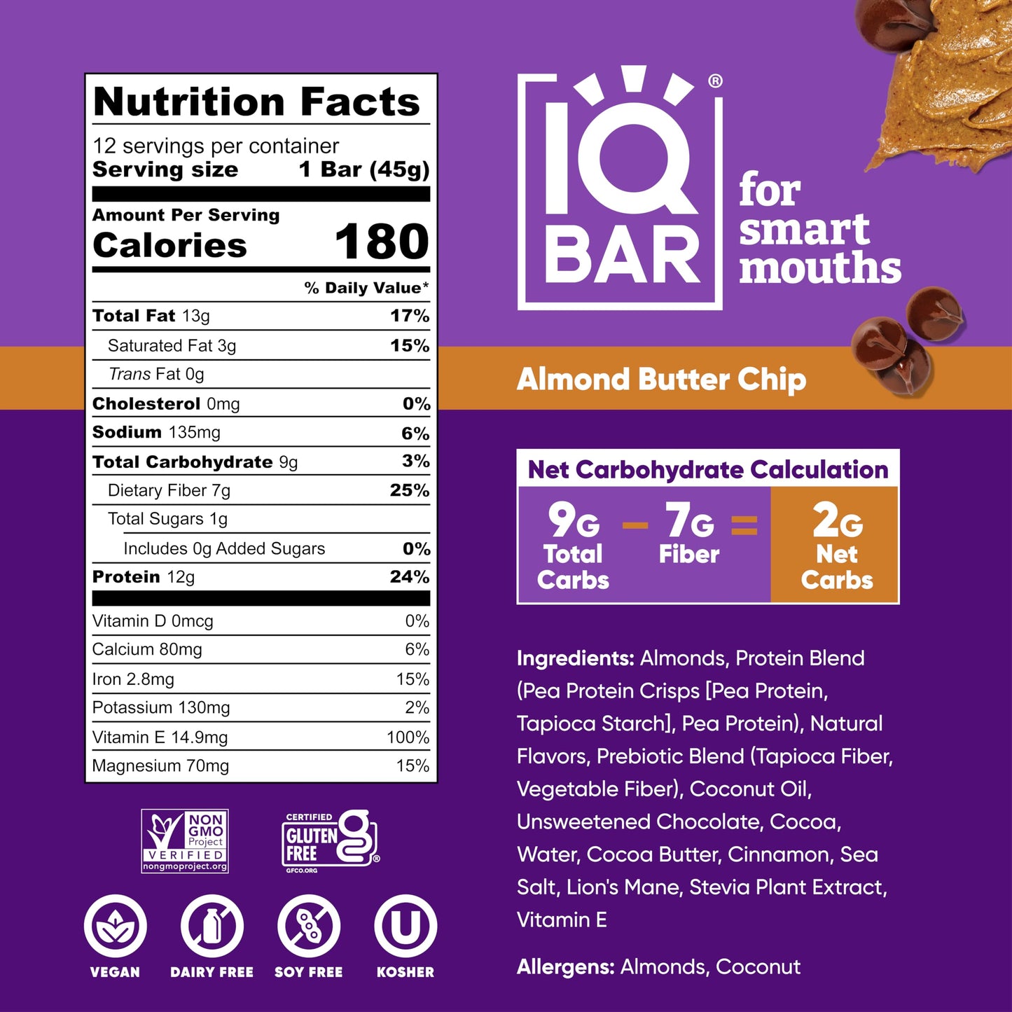 IQBAR Almond Butter Chip Keto Protein Bars – 12 Count | Low Carb, Vegan, Brain & Body Fuel