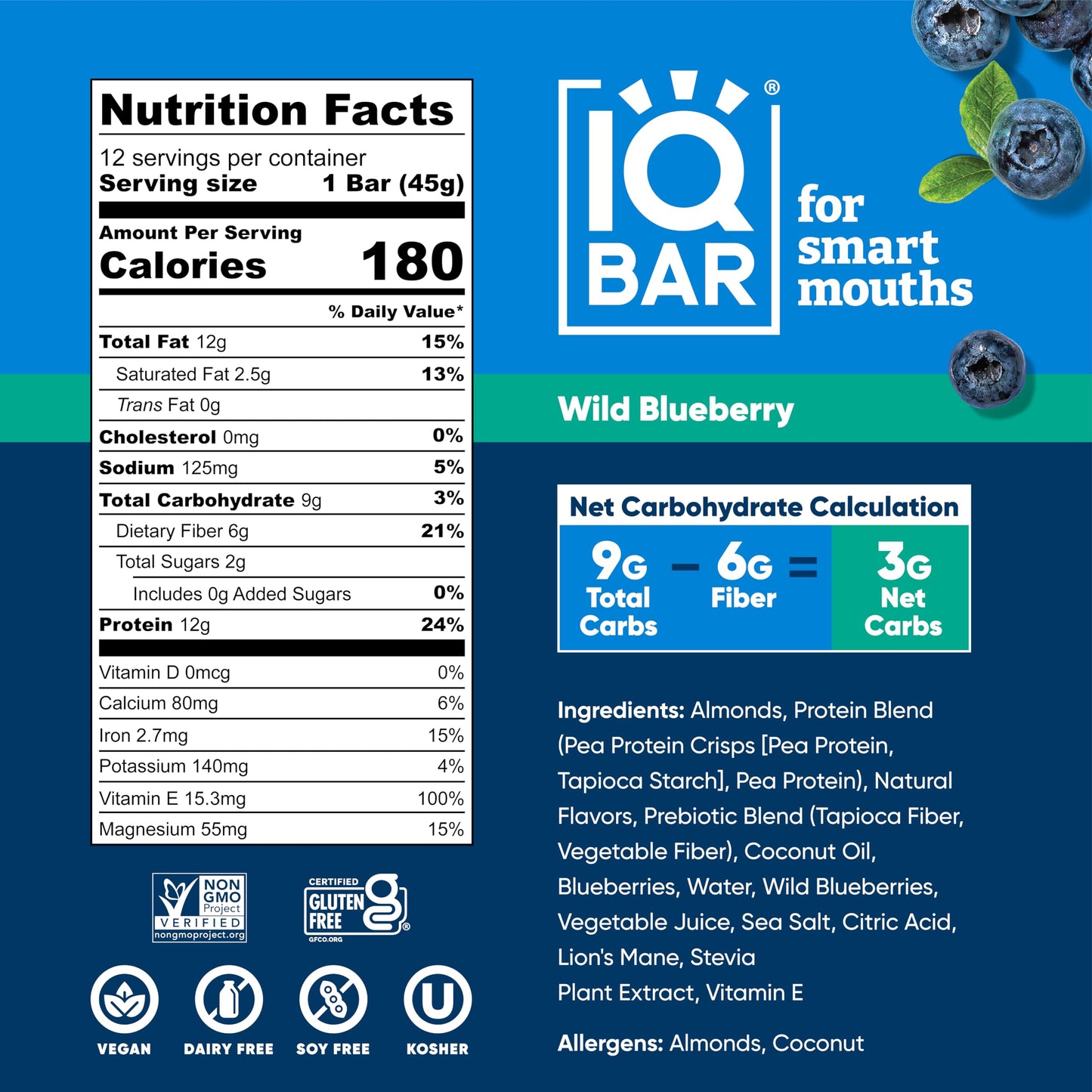 IQBAR Wild Blueberry Protein Bars – 12-Pack Keto, Vegan, Paleo Brain Food