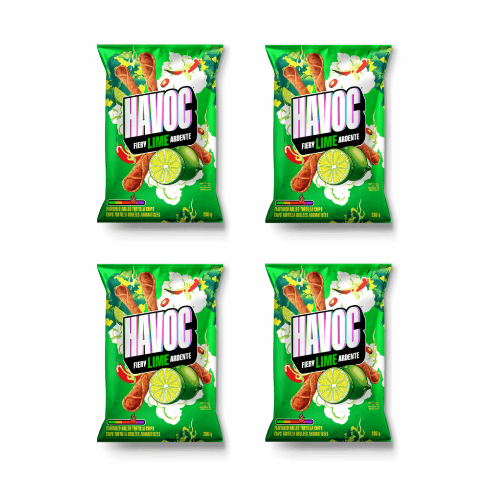 Havoc Fiery Lime Rolled Tortilla Chips - Intense & Spicy 4 Pack (80g Bags)