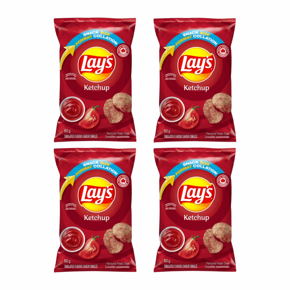 Lay's Ketchup Flavored Potato Chips - Tangy Tomato 4 Snack Pack (60g Bags)