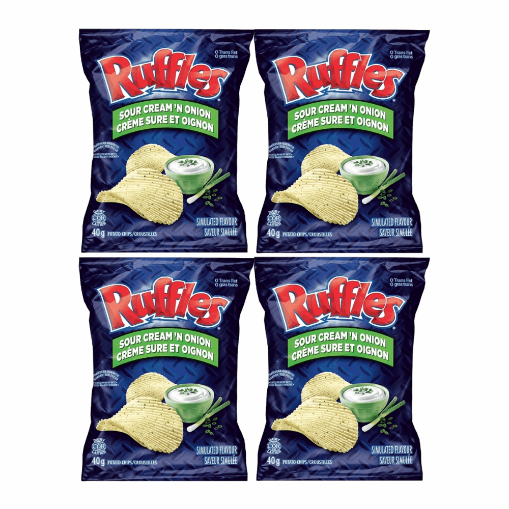 Ruffles Sour Cream & Onion Ridged Potato Chips - 4 Snack Pack (40g Bags)