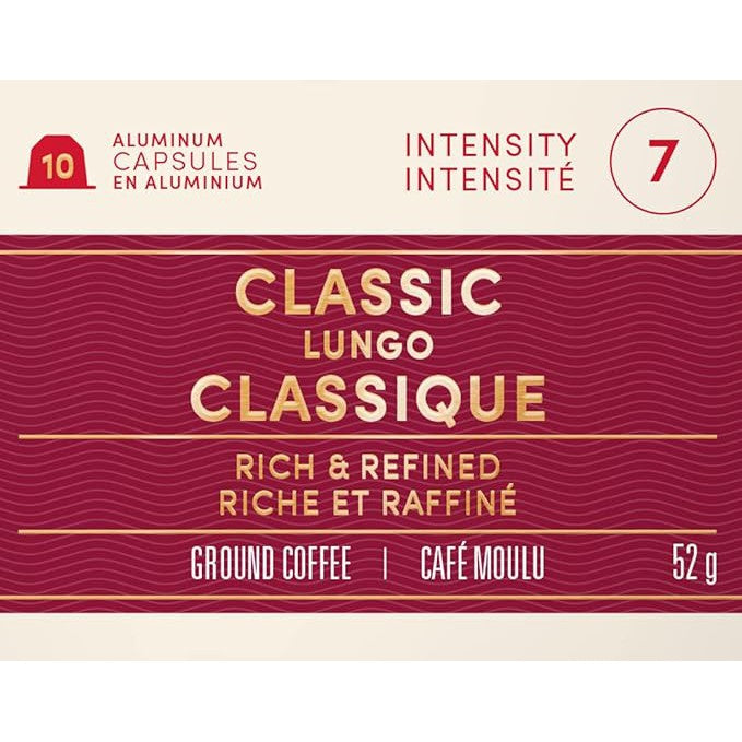 Tim Hortons Classic Lungo Coffee Capsules – 10ct Nespresso Original Line Compatible | Rich Dark Roast for an Elegant, Extended Brew