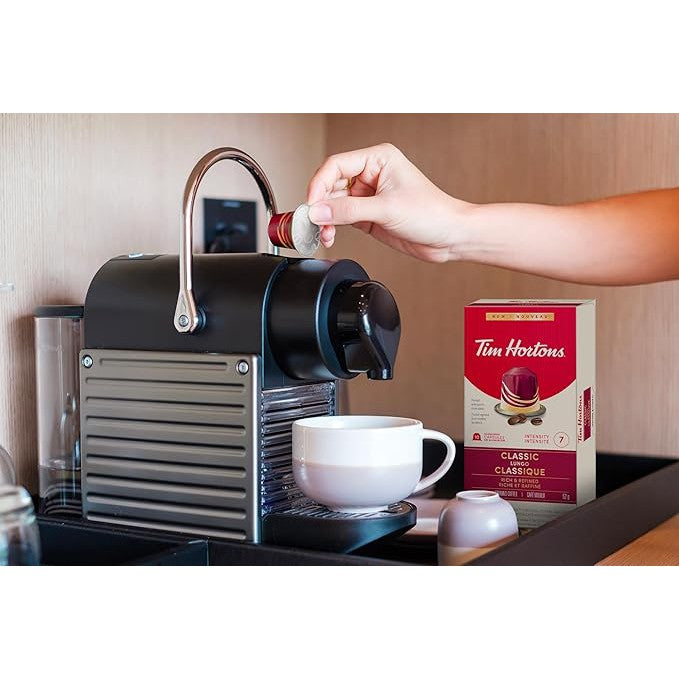 Tim Hortons Classic Lungo Coffee Capsules – 10ct Nespresso Original Line Compatible | Rich Dark Roast for an Elegant, Extended Brew