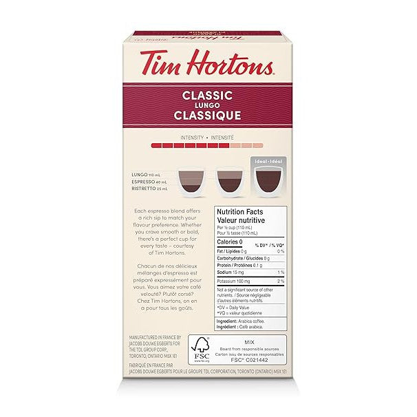 Tim Hortons Classic Lungo Coffee Capsules – 10ct Nespresso Original Line Compatible | Rich Dark Roast for an Elegant, Extended Brew
