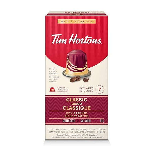 Tim Hortons Classic Lungo Coffee Capsules – 10ct Nespresso Original Line Compatible | Rich Dark Roast for an Elegant, Extended Brew