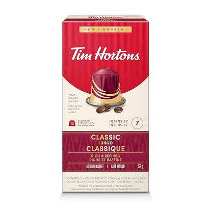 Tim Hortons Classic Lungo Coffee Capsules – 10ct Nespresso Original Line Compatible | Rich Dark Roast for an Elegant, Extended Brew