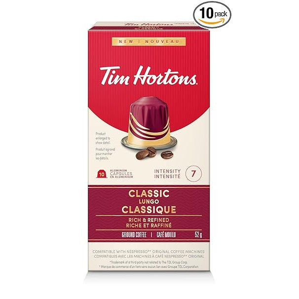 Tim Hortons Classic Lungo Coffee Capsules – 10ct Nespresso Original Line Compatible | Rich Dark Roast for an Elegant, Extended Brew