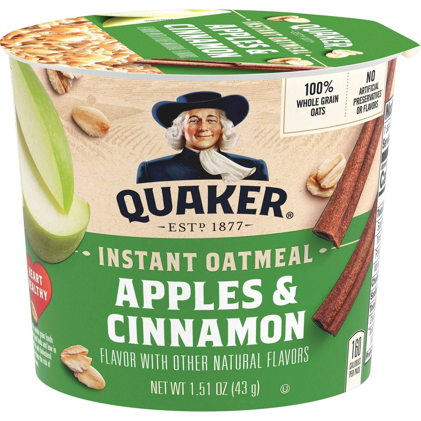 Quaker Instant Oatmeal, Apples & Cinnamon 43G (4 Pack) — Quick, Heart-Healthy Breakfast