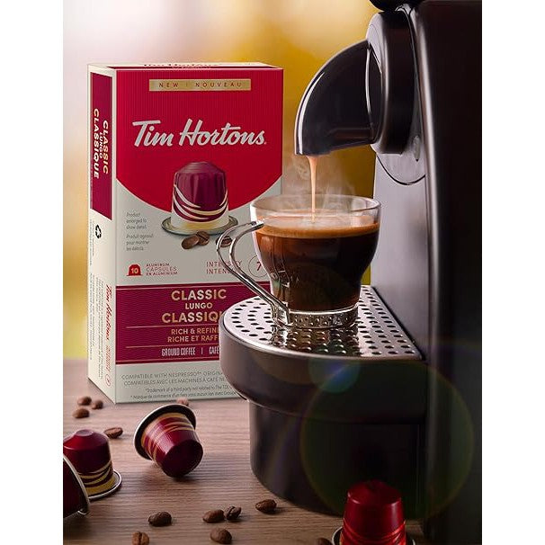 Tim Hortons Classic Lungo Coffee Capsules – 10ct Nespresso Original Line Compatible | Rich Dark Roast for an Elegant, Extended Brew