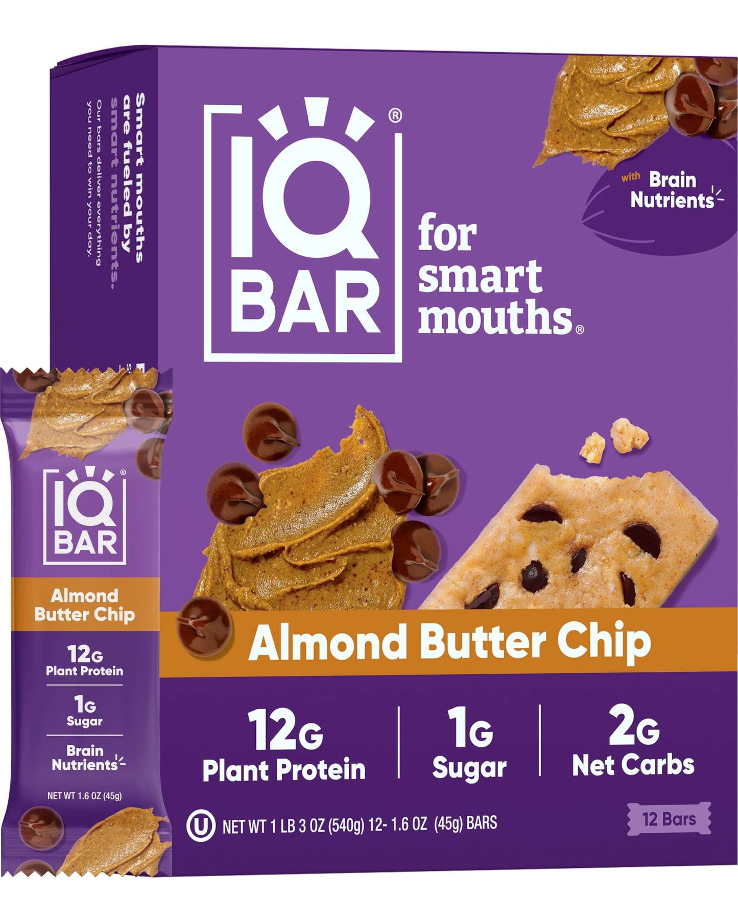 IQBAR Brain Body Keto Protein Bars - Almond Butter Chip Bars 12 - Count Energy Bar - Low Carb High Fiber Vegan Bars Low Sugar Meal Bars - Vegan Snacks