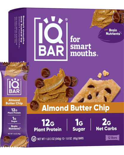 IQBAR Brain Body Keto Protein Bars - Almond Butter Chip Bars 12 - Count Energy Bar - Low Carb High Fiber Vegan Bars Low Sugar Meal Bars - Vegan Snacks