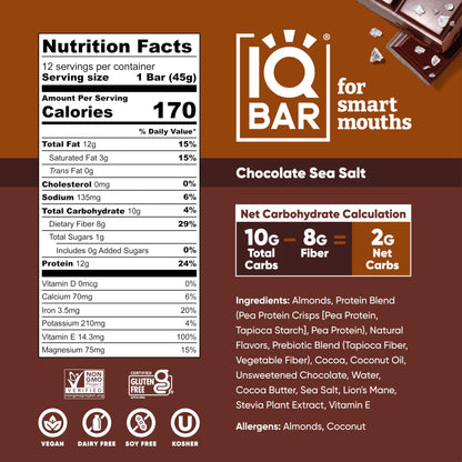 IQBAR Chocolate Sea Salt Protein Bars – 12-Count | Low Carb, Keto, Vegan Snacks for Brain & Body