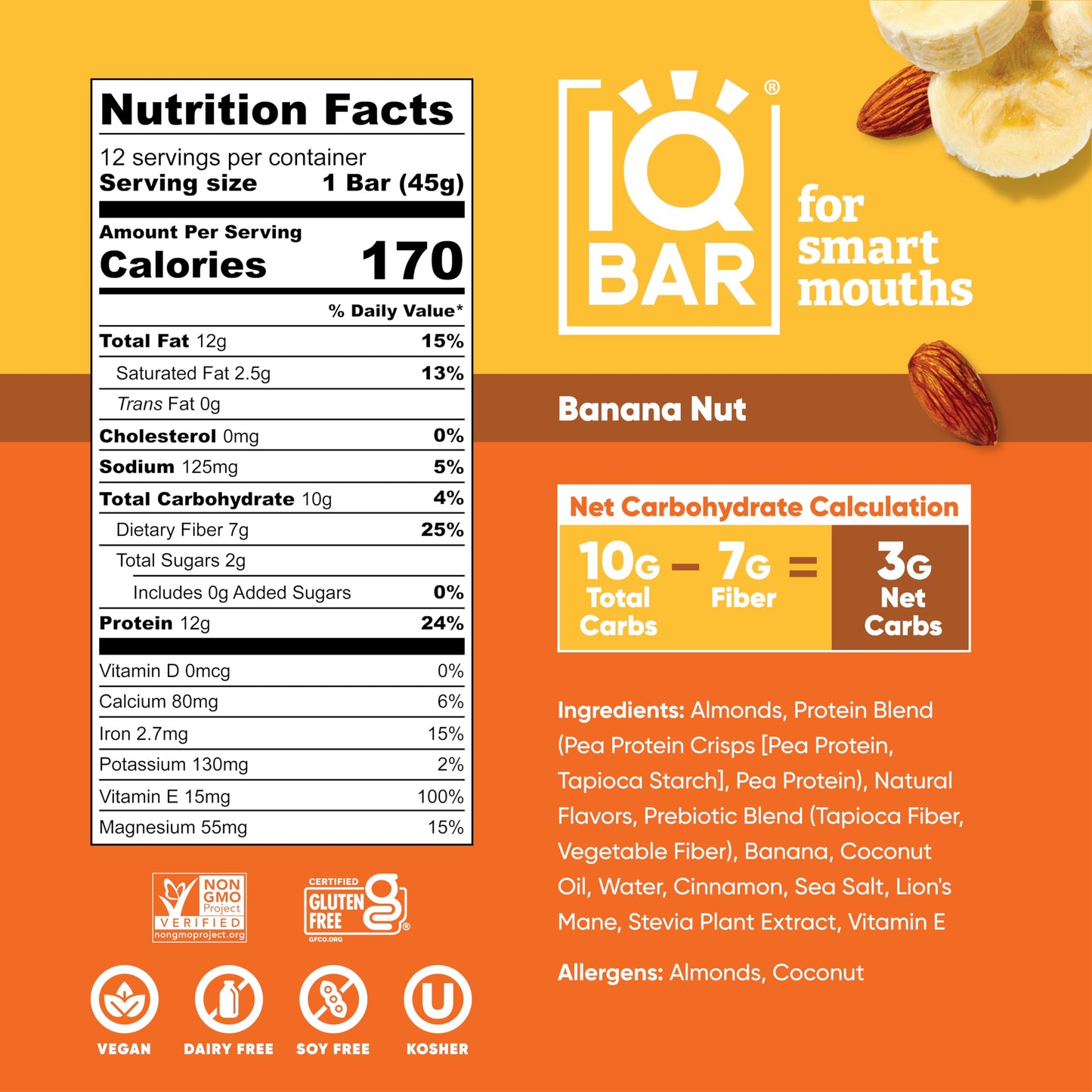IQBAR Brain & Body Banana Nut Protein Bars – 12-Pack Keto Vegan Snack
