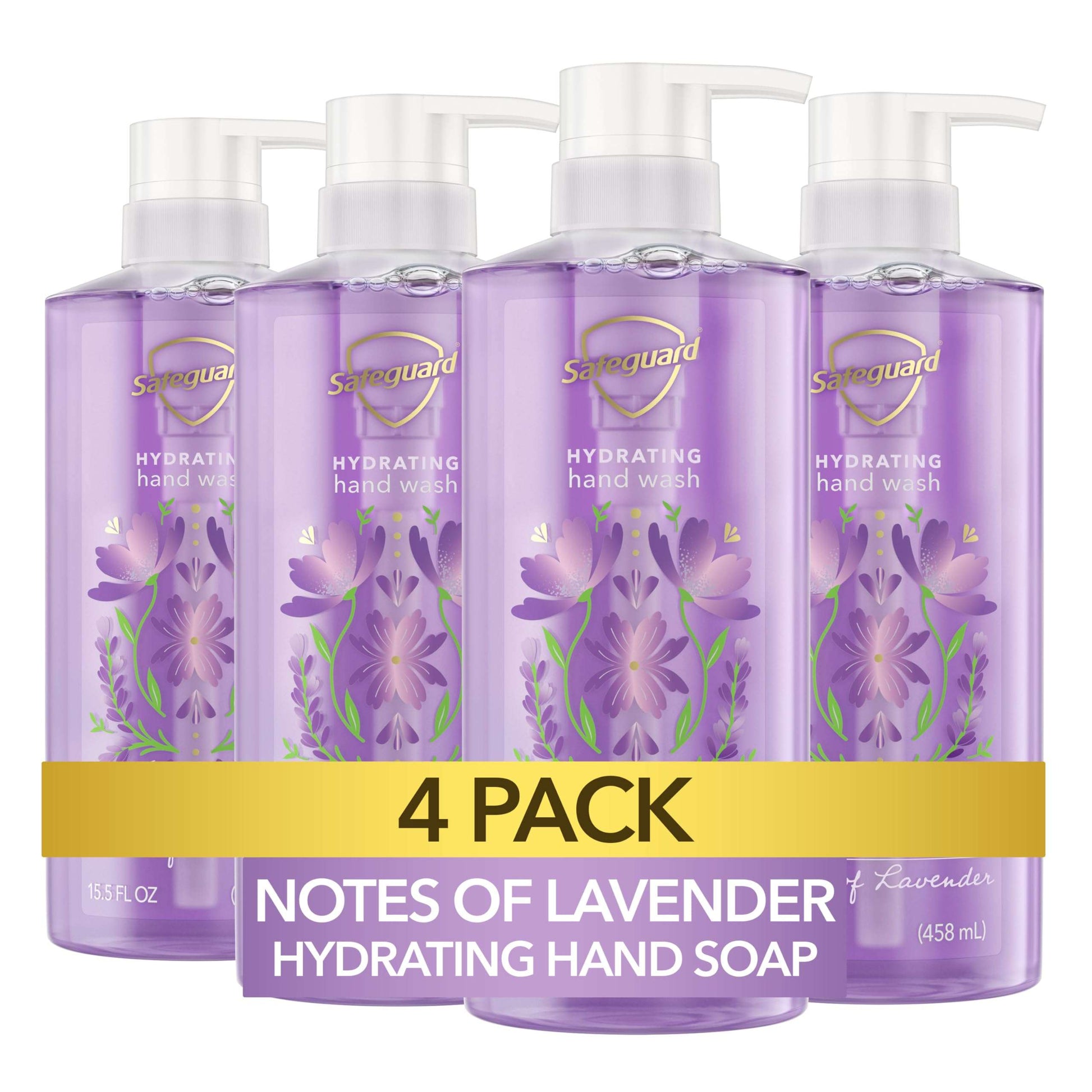 Safeguard Hydrating Liquid Hand Soap, Calming Lavender (4-Pack, 15.5 oz) - Washes Away Bacteria