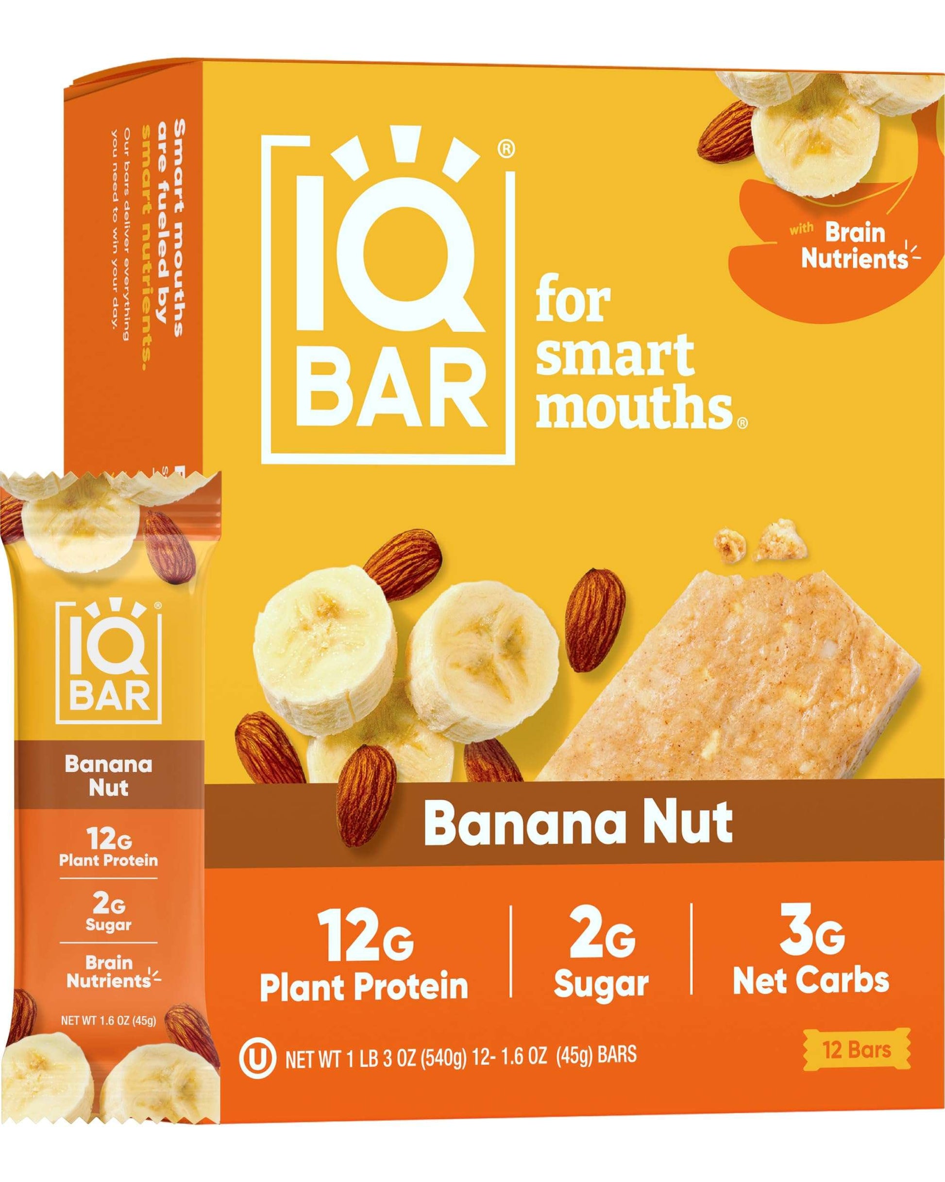 IQBAR Brain and Body Plant Protein Bars - Banana Nut - 12 Count, Low Carb, High Fiber, Gluten Free, Vegan Snacks - Low Sugar Keto Energy Bar Pack