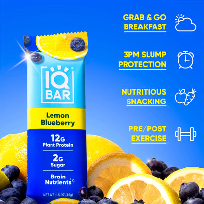 IQBAR Brain and Body Plant Protein Bars - Lemon Blueberry - 12-Count Low Carb - Gluten Free, High Fiber, Vegan Snacks - Low Sugar Meal Replacement