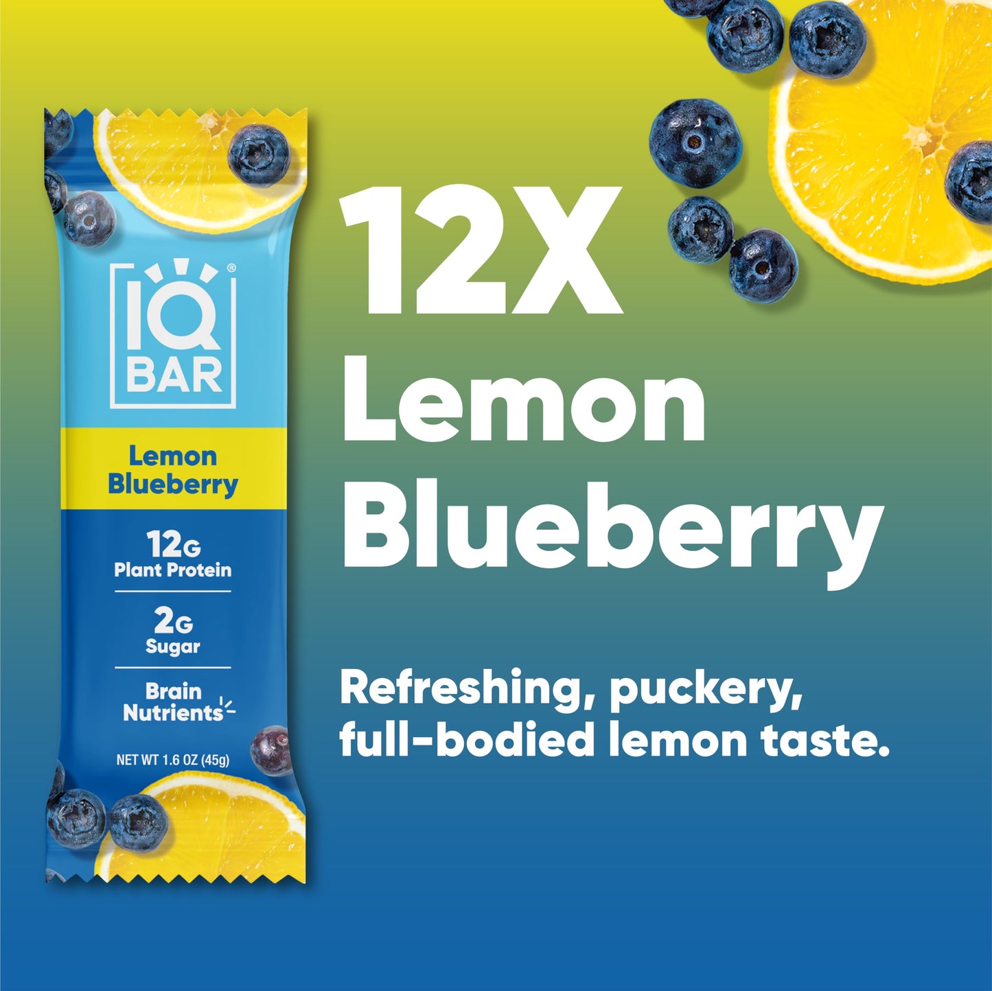 Fuel Your Focus: IQBAR Lemon Blueberry Plant-Based Protein Bars – Low Carb, Keto, Vegan Snacks (12-Count)