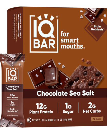 IQBAR Chocolate Sea Salt Protein Bars – 12-Count | Low Carb, Keto, Vegan Snacks for Brain & Body
