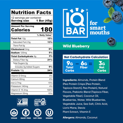 IQBAR Wild Blueberry Protein Bars – 12-Pack Keto, Vegan, Paleo Brain Food