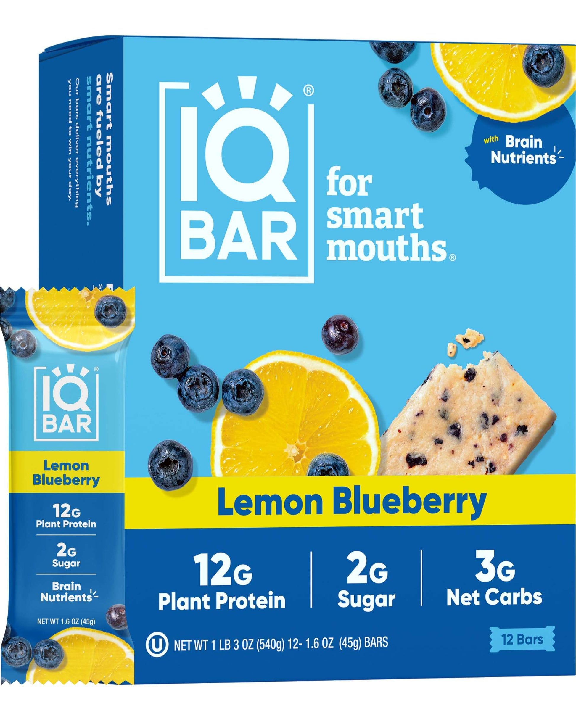 IQBAR Brain and Body Plant Protein Bars - Lemon Blueberry - 12-Count Low Carb - Gluten Free, High Fiber, Vegan Snacks - Low Sugar Meal Replacement