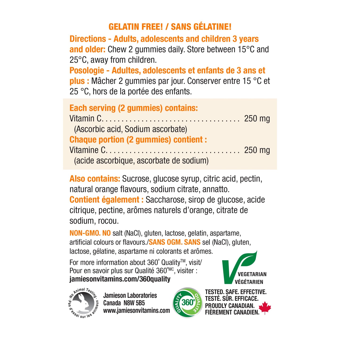 Jamieson Vitamin C 250 mg Gummies Natural Tangy Orange Flavour,  60 Count