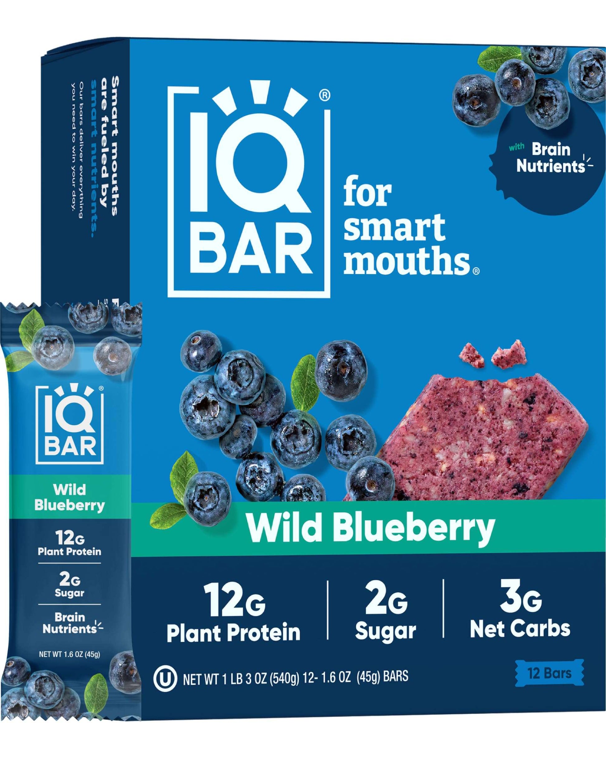 IQBAR Brain + Body Protein Bars, Wild Blueberry, Keto, Vegan, Paleo Friendly, Low Sugar, Low Net Carb, High Fiber, Gluten Free, No Sugar Alcohols, 12 Count
