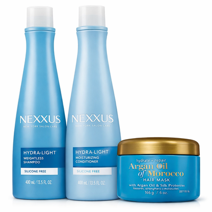 Lightweight Hydration Hair Care Set – Nexxus Hydra-Light Shampoo & Conditioner with OGX Argan Oil Mask