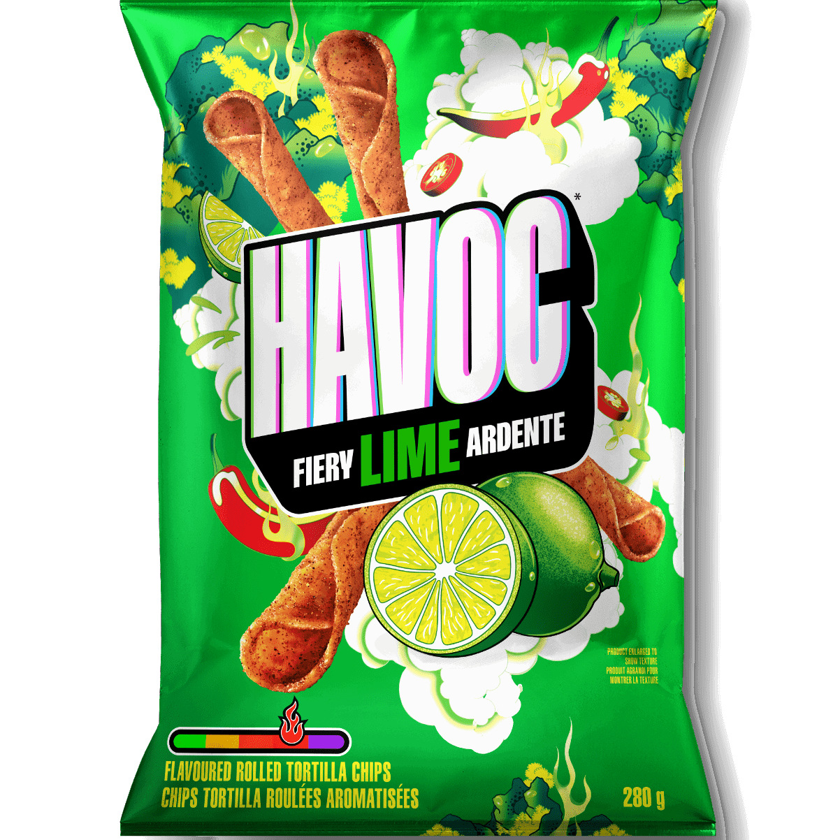 Havoc Fiery Lime Rolled Tortilla Chips - Intense & Spicy 4 Pack (80g Bags)