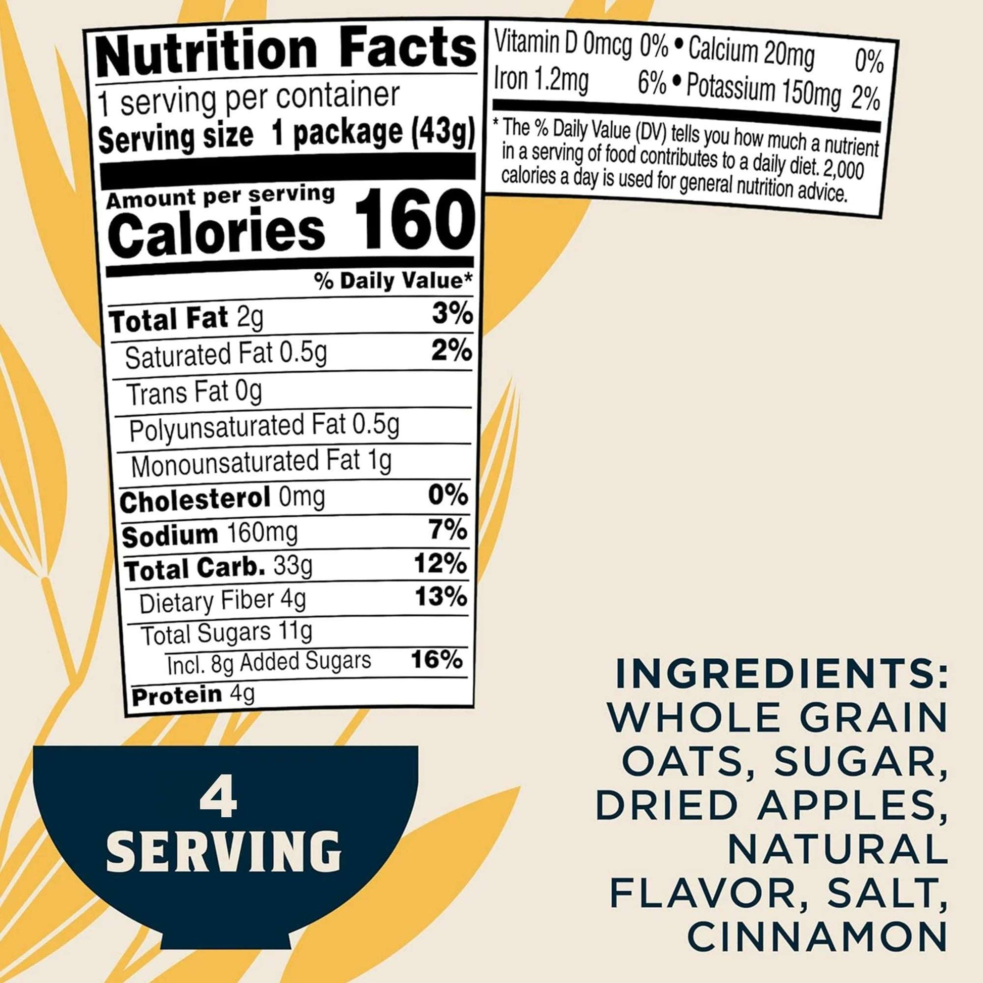 Quaker Instant Oatmeal, Apples & Cinnamon 43G (4 Pack) — Quick, Heart-Healthy Breakfast